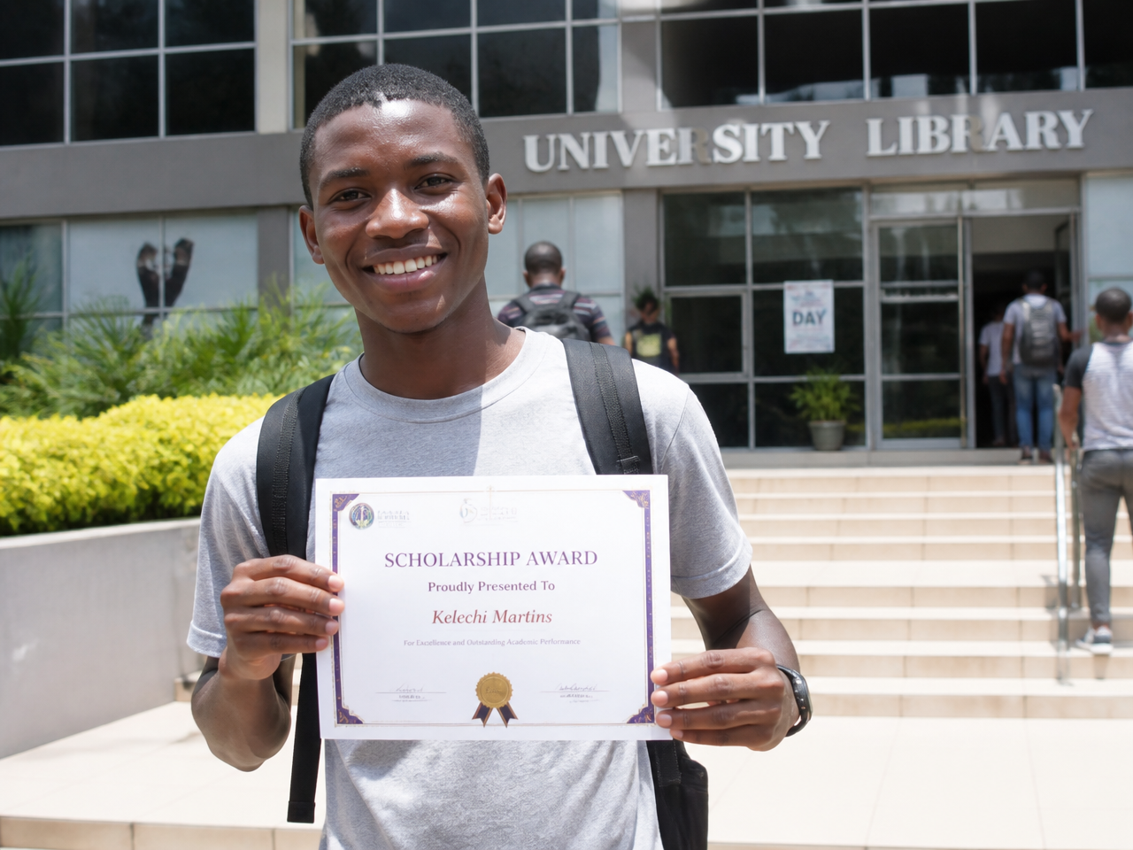 Student receiving a scholarship certificate